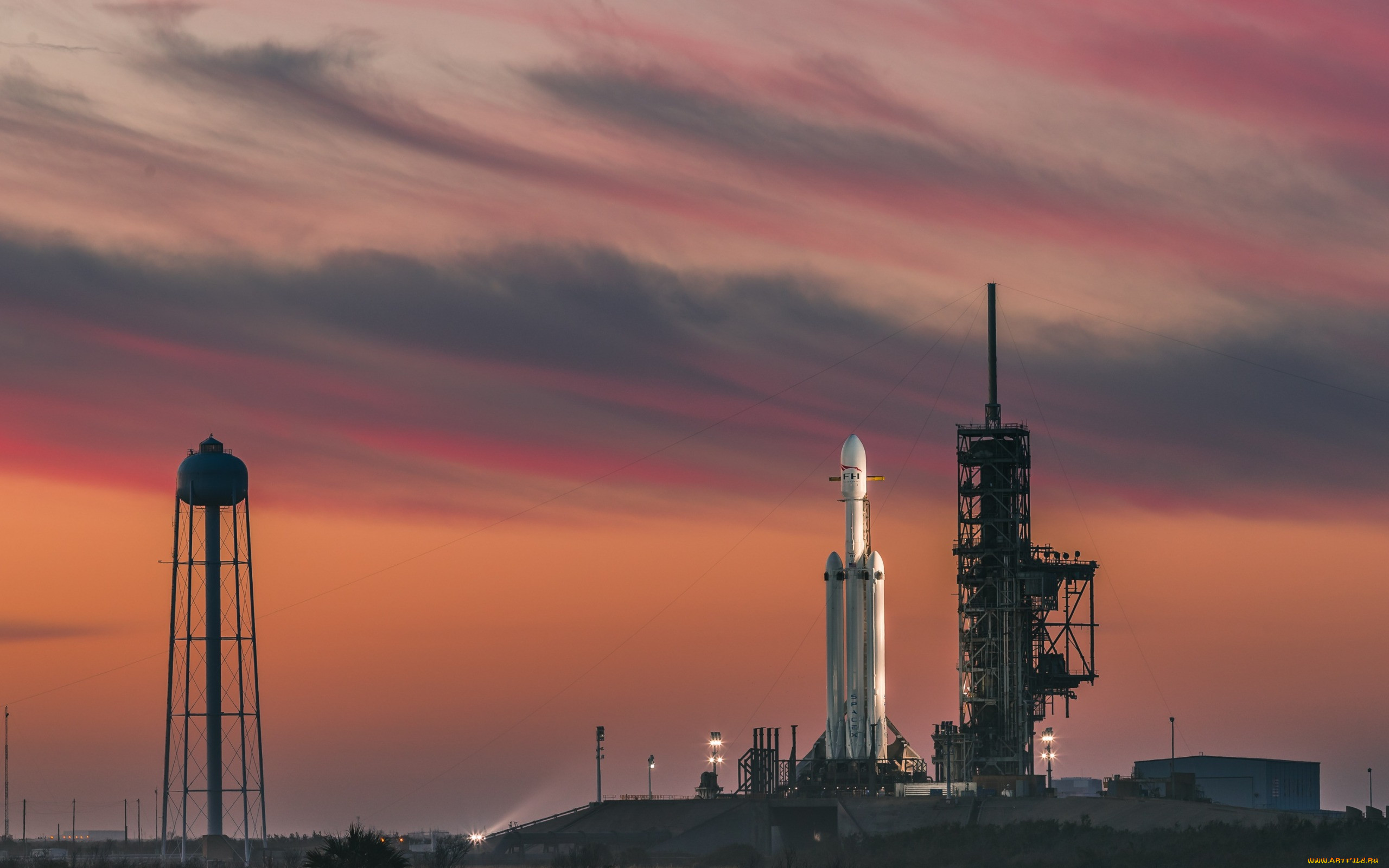 , ,  , florida, launch, pads, sunset, spacex, cape, canaveral, falcon, heavy, usa, evening, sky, rocket, space, clouds, twilight